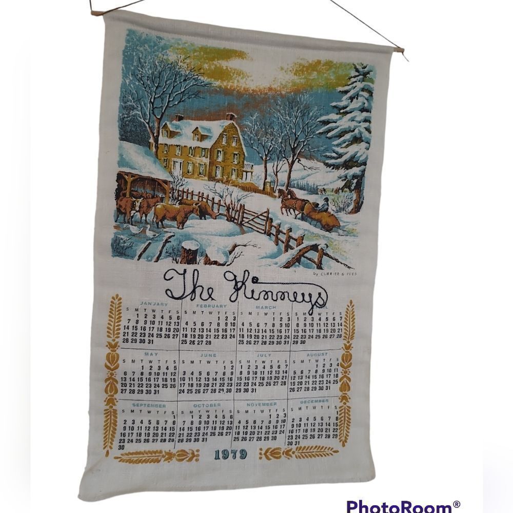 Vintage Calendar home in snow 1979 wall hanging